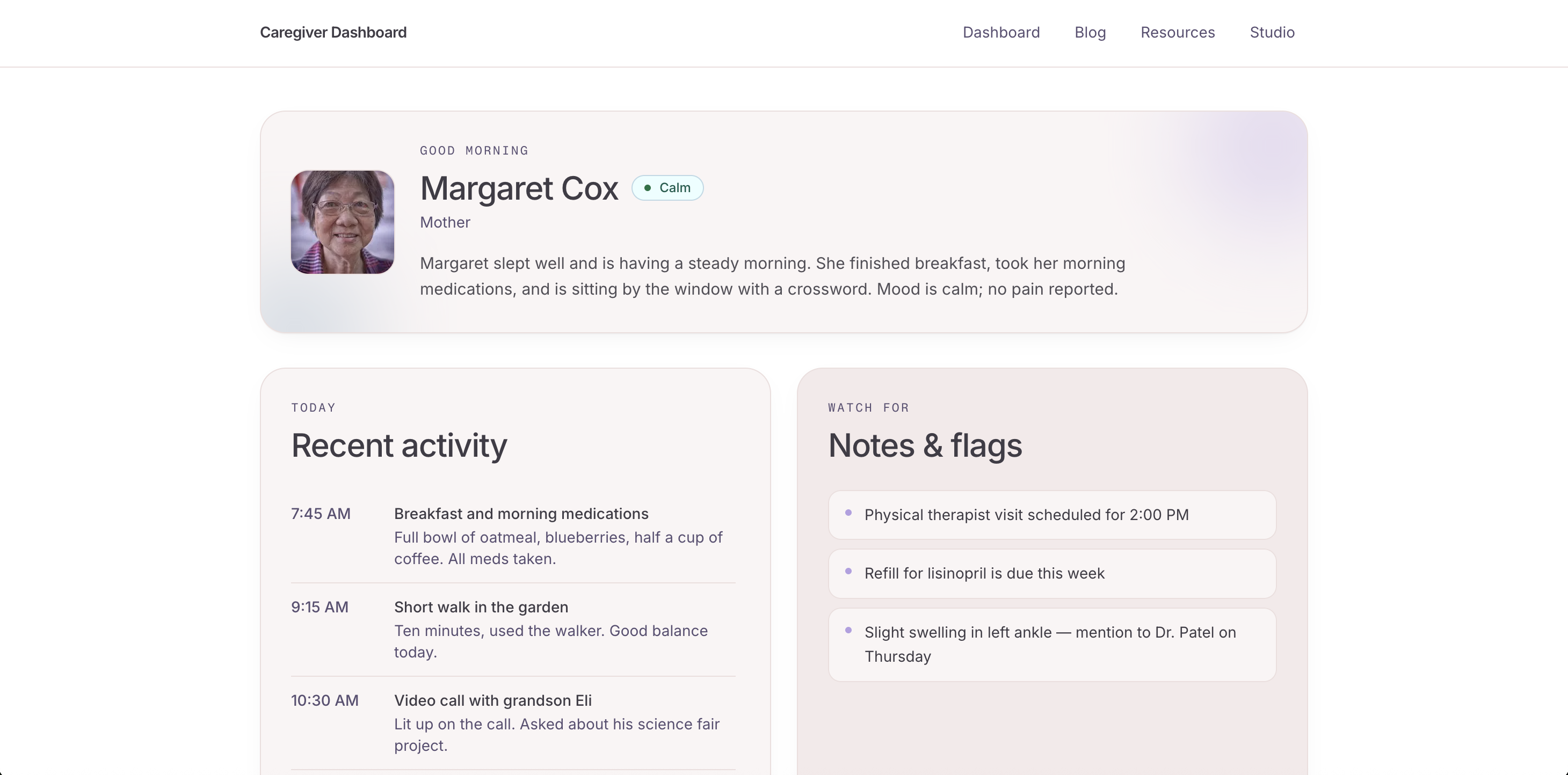 Vallige caregiver dashboard screenshot